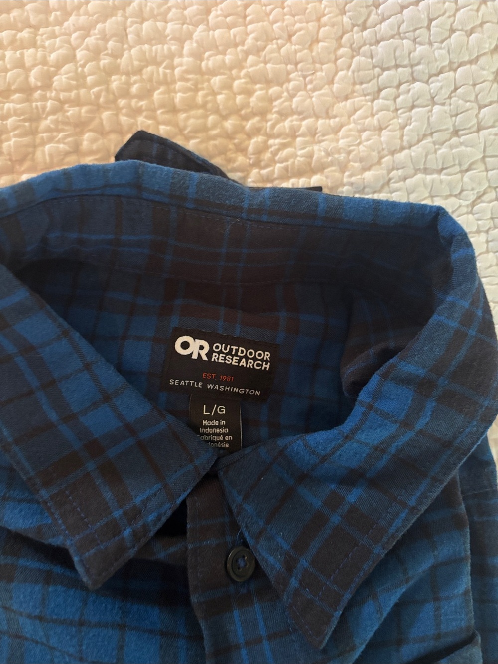 Outdoor Research Blue and Black Plaid Button-Down Shirt